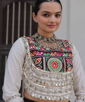 Multicolor Mirror Work Cotton Poly Embroidered Navratri Lehenga Choli 4