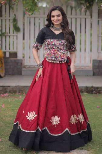 red thread work silk blend embroidered navratri lehenga choli