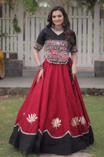 Red Thread Work Silk Blend Embroidered Navratri Lehenga Choli