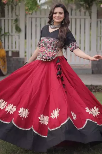 Red Thread Work Silk Blend Embroidered Navratri Lehenga Choli