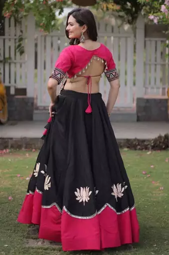Black Thread Work Silk Blend Embroidered Navratri Lehenga Choli