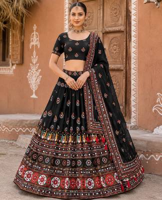 Navratri Ajrakh Print Rayon Lehenga Choli & Blouse With Dupatta 1
