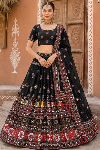 Navratri Ajrakh Print Rayon Lehenga Choli & Blouse With Dupatta
