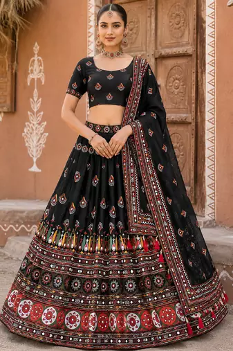 Navratri Ajrakh Print Rayon Lehenga Choli & Blouse With Dupatta