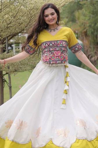 off white silk blend embroidered Navratri lehenga choli