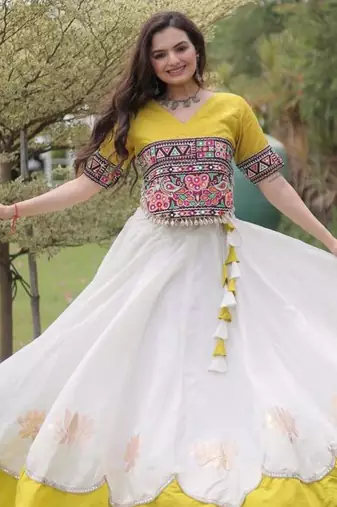 off white silk blend embroidered Navratri lehenga choli