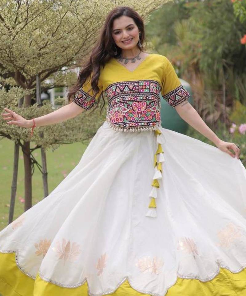 off white silk blend embroidered Navratri lehenga choli