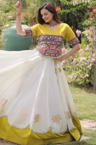 off white silk blend embroidered Navratri lehenga choli