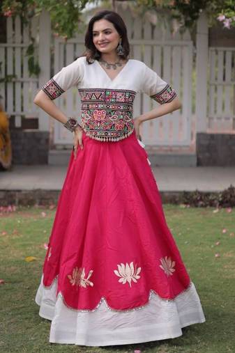 pink silk blend embroidered Navratri lehenga choli