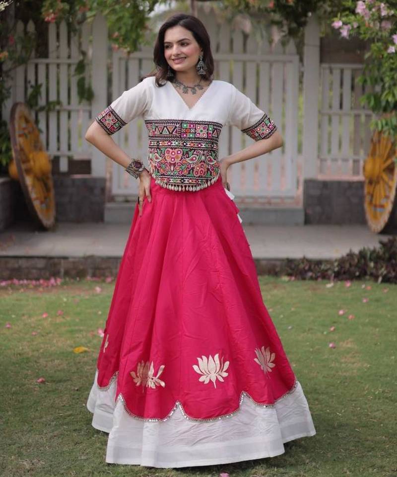 pink silk blend embroidered Navratri lehenga choli