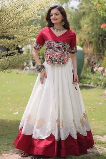 off white silk blend embroidered Navratri lehenga choli