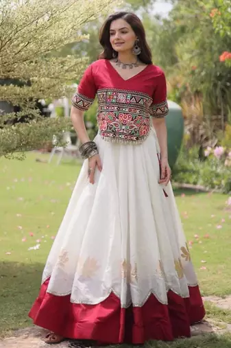 off white silk blend embroidered Navratri lehenga choli