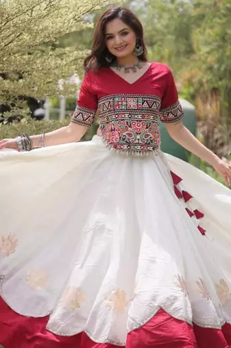 off white silk blend embroidered Navratri lehenga choli
