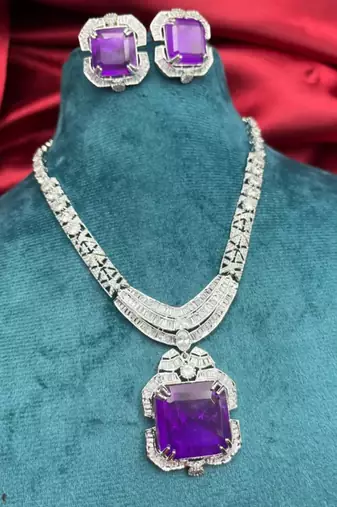 art deco purple gemstone necklace and earrings set | silver statement jewellery