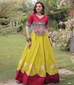 mustard silk blend embroidered Navratri lehenga choli