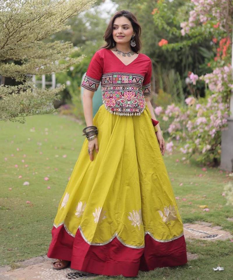 mustard silk blend embroidered Navratri lehenga choli