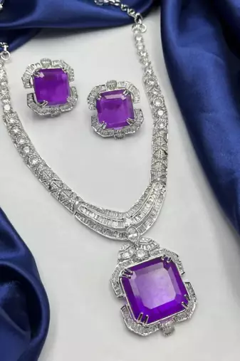 art deco purple gemstone necklace and earrings set | silver statement jewellery