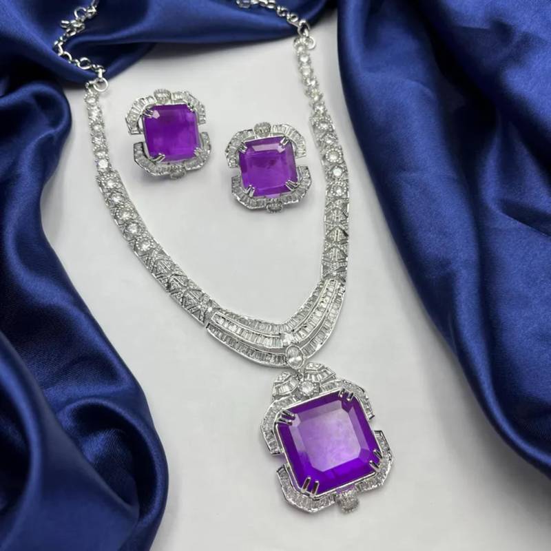 art deco purple gemstone necklace and earrings set  silver statement jewellery