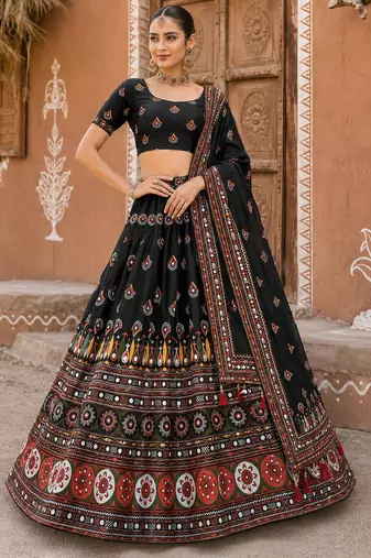 Navratri Ajrakh Print Rayon Lehenga Choli & Blouse With Dupatta