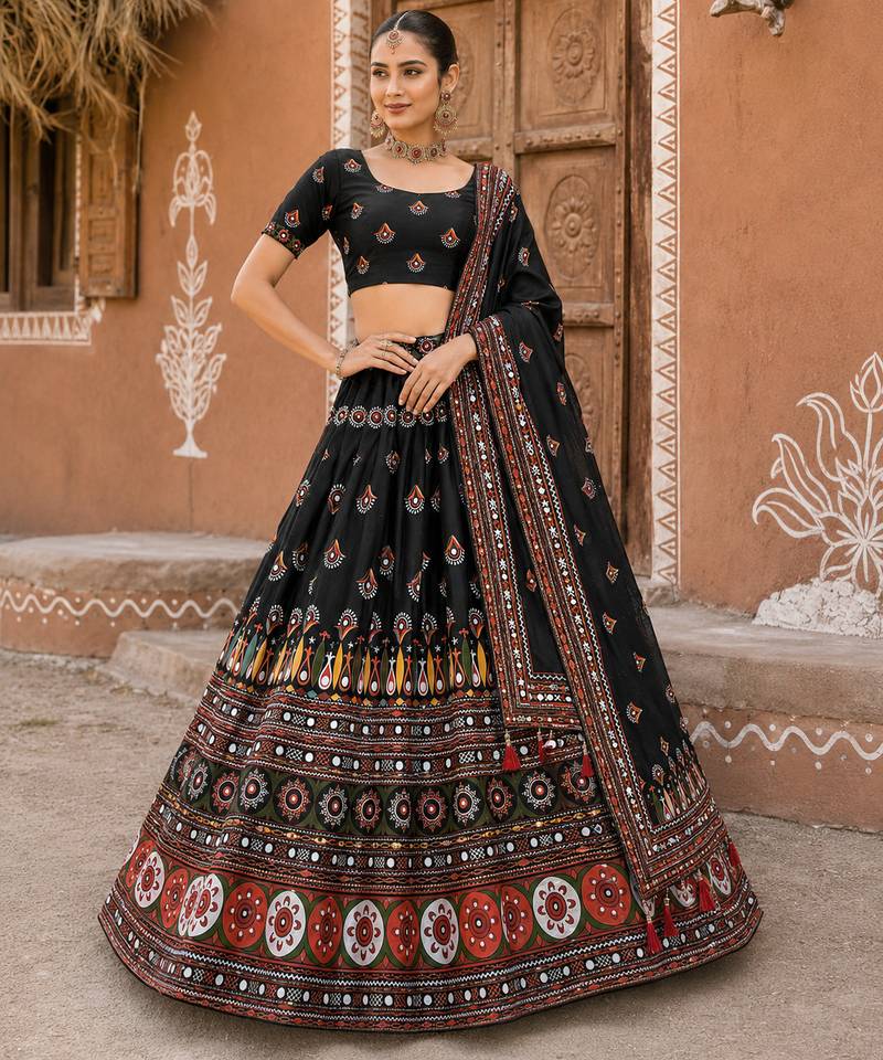 Navratri Ajrakh Print Rayon Lehenga Choli & Blouse With Dupatta