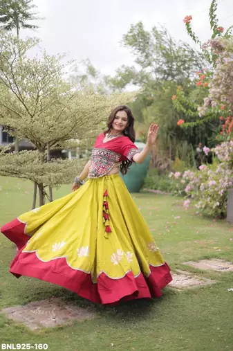mustard silk blend embroidered Navratri lehenga choli