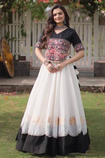 white silk blend embroidered Navratri lehenga choli
