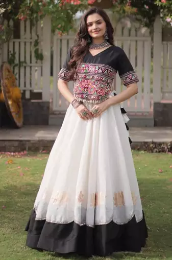 white silk blend embroidered Navratri lehenga choli