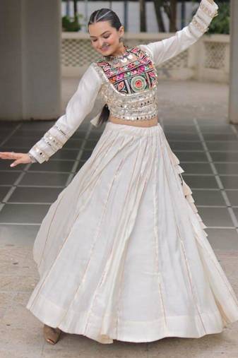 off white silk blend plain Navratri lehenga choli