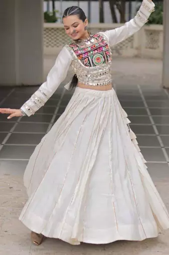 off white silk blend plain Navratri lehenga choli