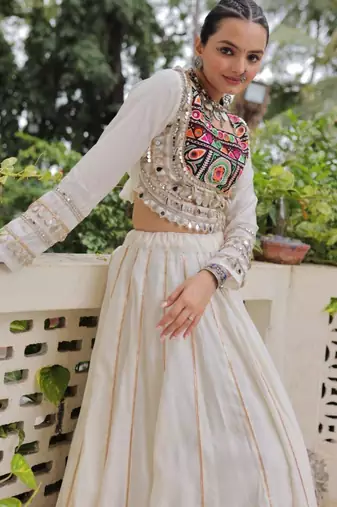 off white silk blend plain Navratri lehenga choli