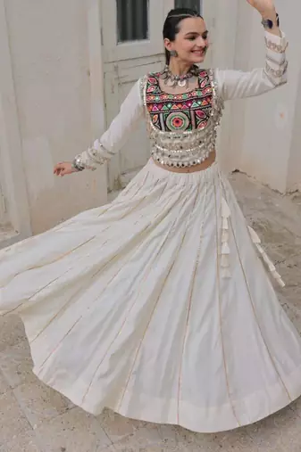 off white silk blend plain Navratri lehenga choli