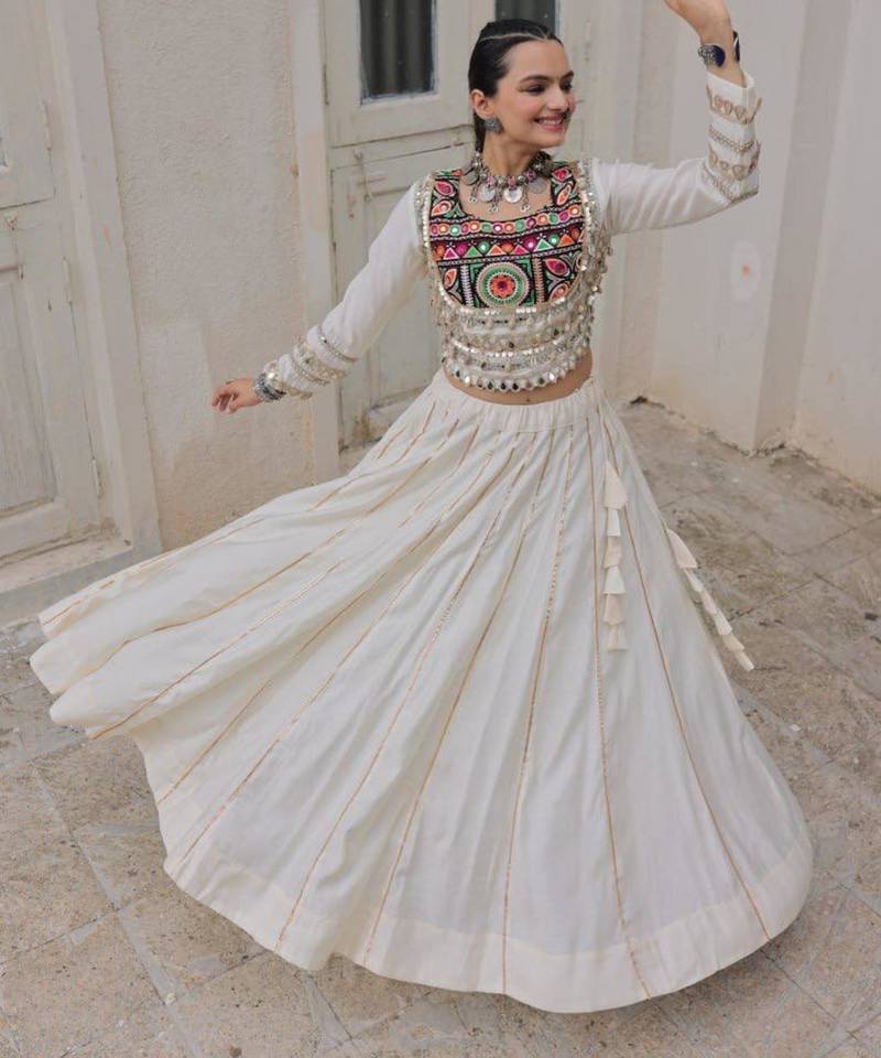 off white silk blend plain Navratri lehenga choli