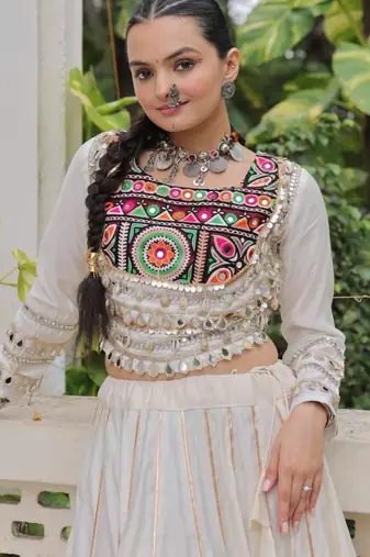off white silk blend plain Navratri lehenga choli