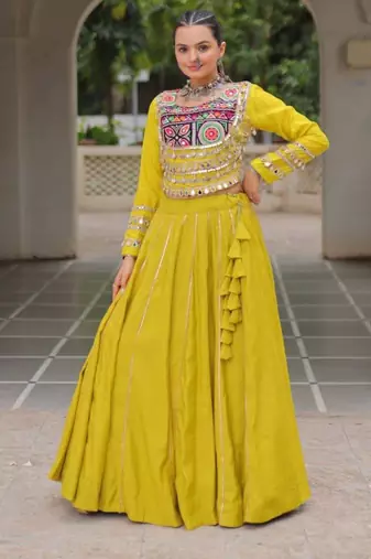 parrot green silk blend plain Navratri lehenga choli