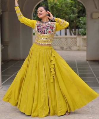 parrot green silk blend plain Navratri lehenga choli 2