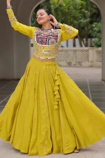 parrot green silk blend plain Navratri lehenga choli