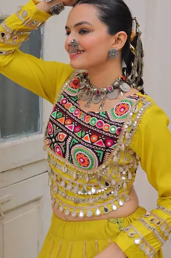 parrot green silk blend plain Navratri lehenga choli