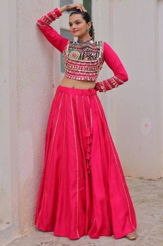 pink silk blend plain Navratri lehenga choli