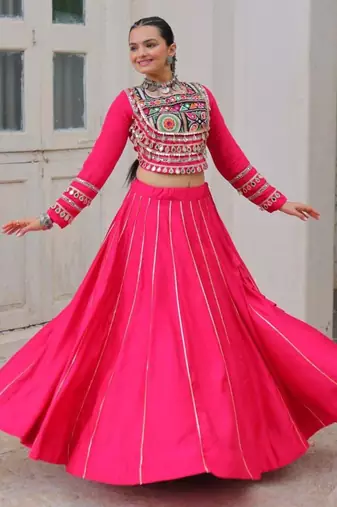 pink silk blend plain Navratri lehenga choli