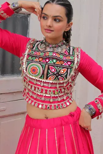 pink silk blend plain Navratri lehenga choli