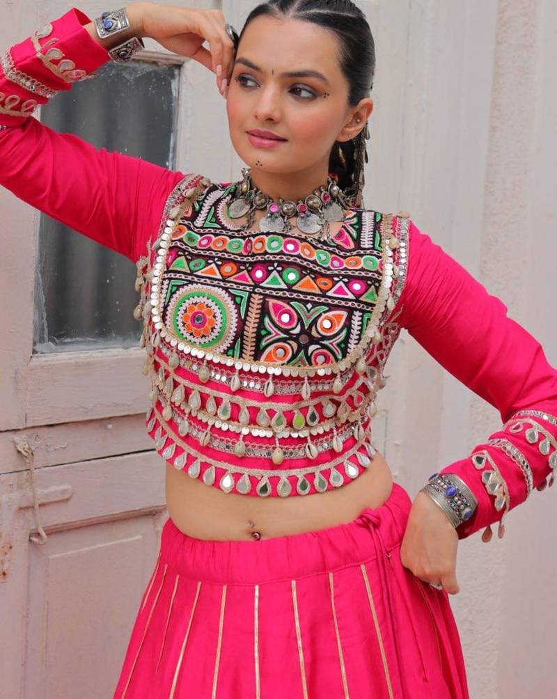 pink silk blend plain Navratri lehenga choli