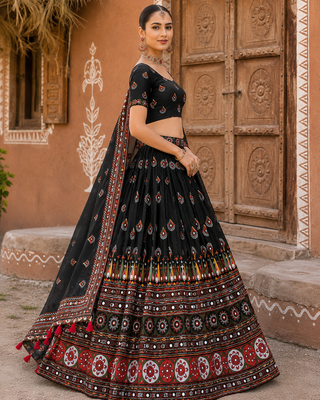 Navratri Ajrakh Print Rayon Lehenga Choli & Blouse With Dupatta 3