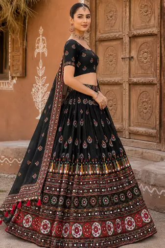 Navratri Ajrakh Print Rayon Lehenga Choli & Blouse With Dupatta