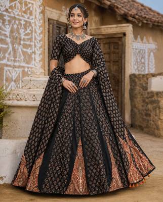 Navratri Ajrakh Print Rayon Lehenga Choli & Blouse With Dupatta 1