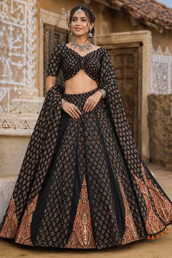Navratri Ajrakh Print Rayon Lehenga Choli & Blouse With Dupatta