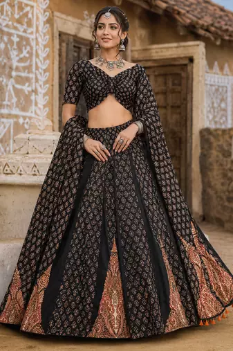 Navratri Ajrakh Print Rayon Lehenga Choli & Blouse With Dupatta