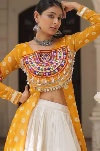 off white cotton poly plain Navratri lehenga choli
