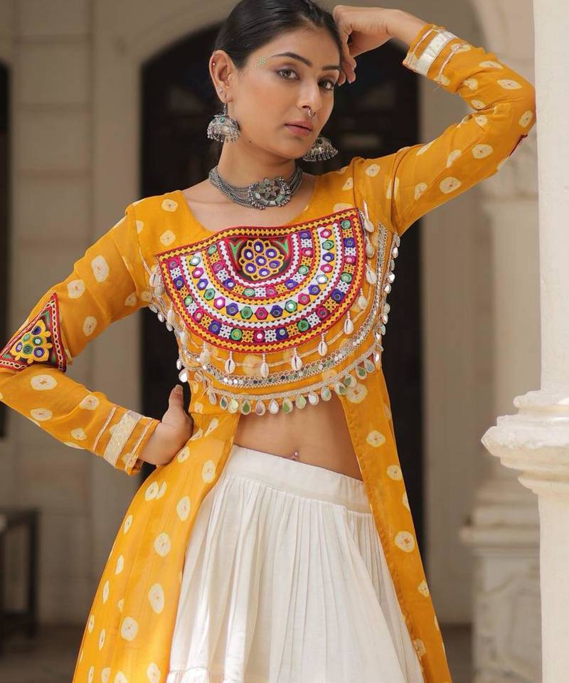 off white cotton poly plain Navratri lehenga choli