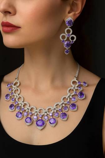 amethyst cz bridal jewellery set  silver wedding necklace & earrings
