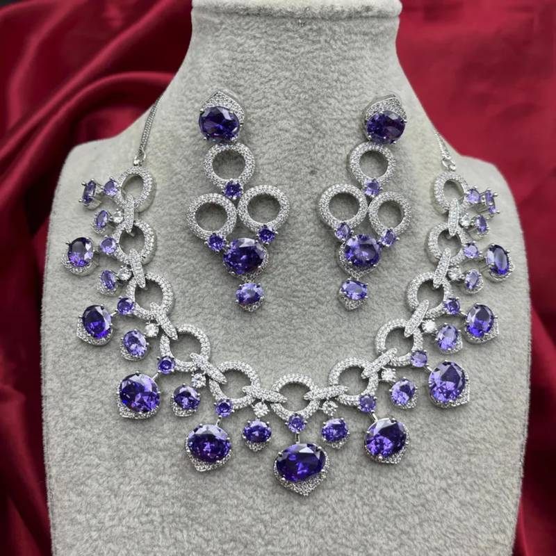 amethyst cz bridal jewellery set  silver wedding necklace & earrings